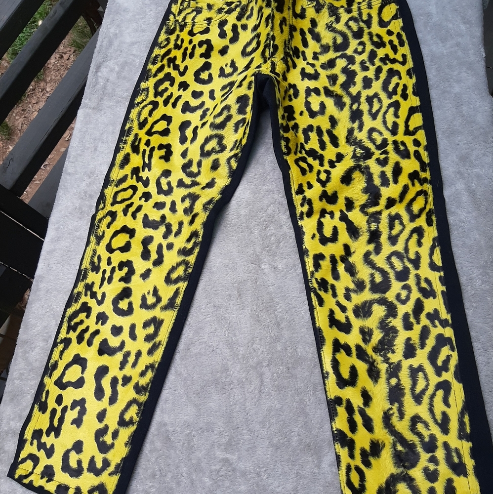 Junya Watanabe Cropped Black With Yellow Animal Print FAUX FUR Jeans